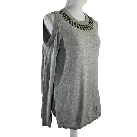 DG2 Gray Cold Shoulder Sweater Rhinestone Embellished Neckline Bling Small - Picture 2 of 8